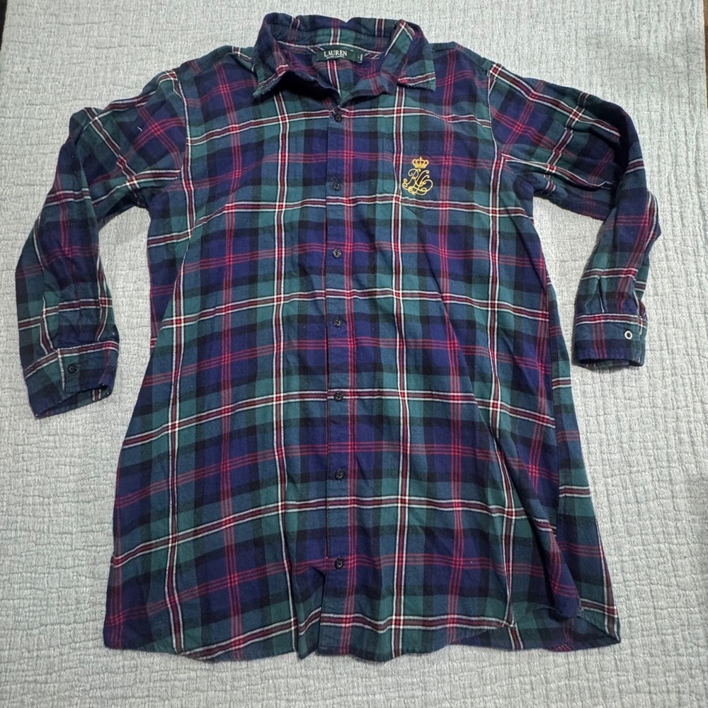 Lauren Ralph Lauren Flannel Sleep Shirt Women's Large Mid Length Plaid Nightgown